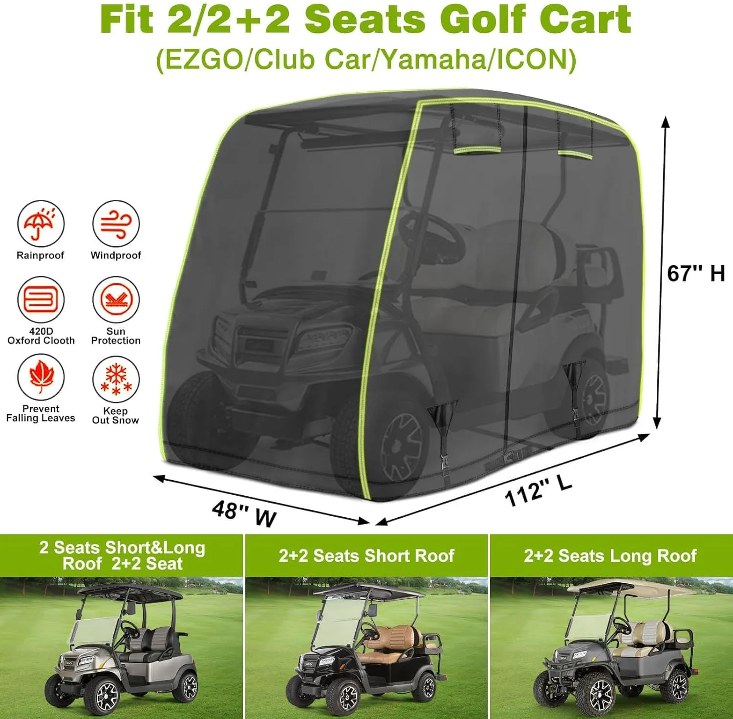 2/4 Passenger Golf Cart Cover Fits EZGO, Club Car, Yamaha Golf Carts with Reflective Strips, All Weather Protection/Waterproof/Snowproof/Windproof/Sunproof/Full Gold Cart Covers