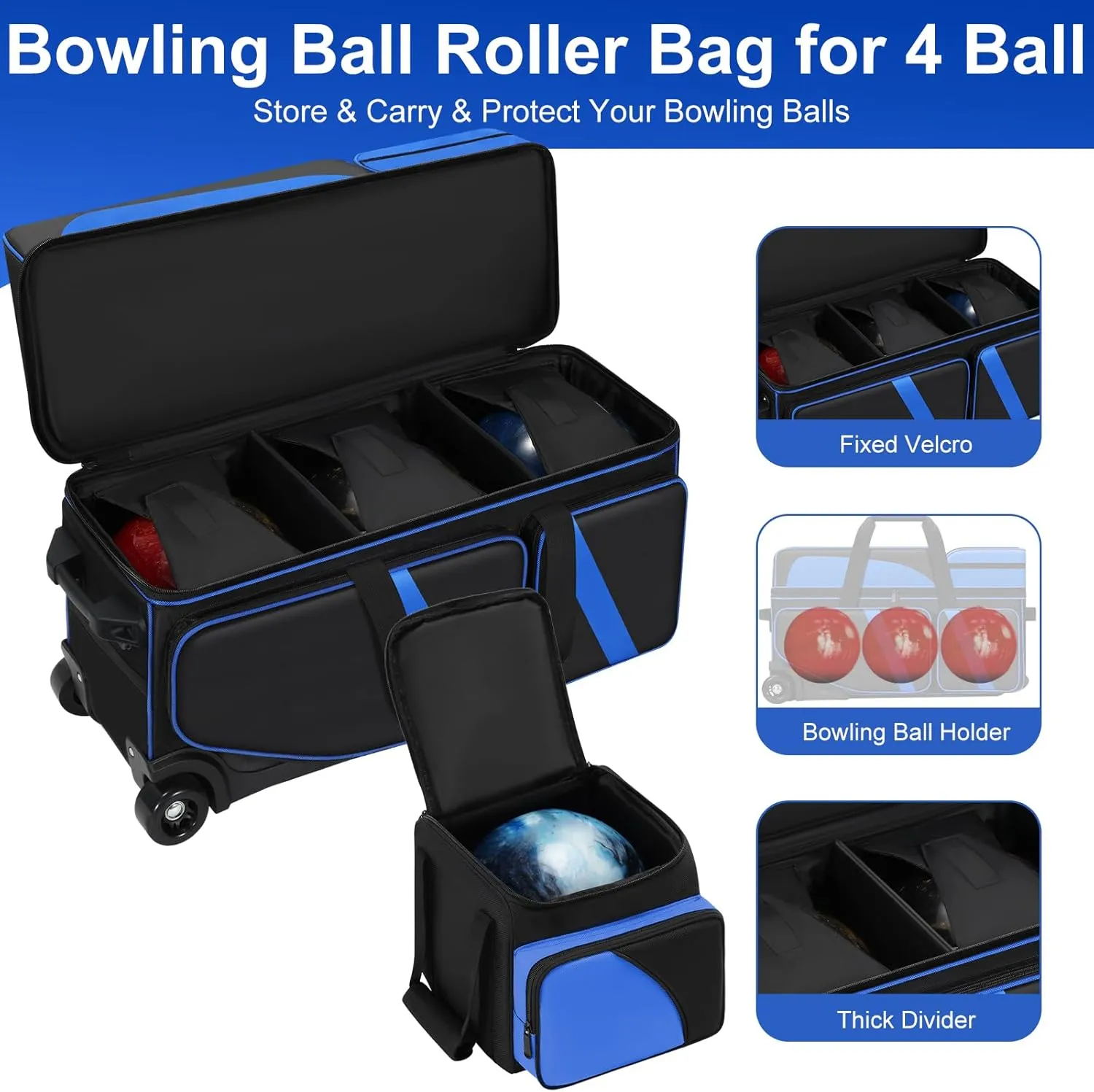 3 Ball Bowling Ball Bag with Wheels   1 Ball Color Matching Add On Tote, 4 Ball Bowling Roller Bag with Multi-Pocket and Shoe Compartment, Rolling Bowling Bag with Retractable Handle for 4 Ball
