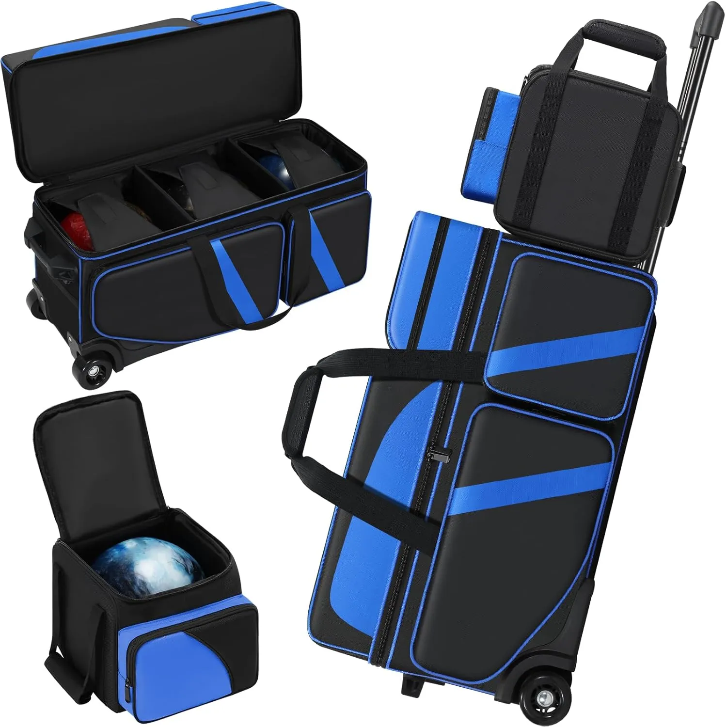 3 Ball Bowling Ball Bag with Wheels   1 Ball Color Matching Add On Tote, 4 Ball Bowling Roller Bag with Multi-Pocket and Shoe Compartment, Rolling Bowling Bag with Retractable Handle for 4 Ball