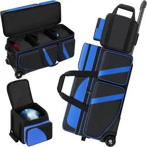 3 Ball Bowling Ball Bag with Wheels   1 Ball Color Matching Add On Tote, 4 Ball Bowling Roller Bag with Multi-Pocket and Shoe Compartment, Rolling Bowling Bag with Retractable Handle for 4 Ball