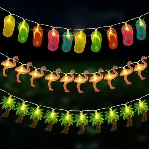 3 Pcs Summer Beach String Lights Battery Operated, Each 5.25 ft with 10 LED Flamingo, Flip Flop and Palm Tree String Lights for Hawaiian Tropical Luau Birthday Camping, Batteries Not Included