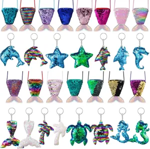 30 Pcs Mermaid Tail Coin Purse Colorful Sequin Keychains Mermaid Tail Sequin Crossbody Coin Wallet Bags Reversible Sequin Glitter Keychains for Kids Girls Mermaid Birthday Party Favors Goodie Bag