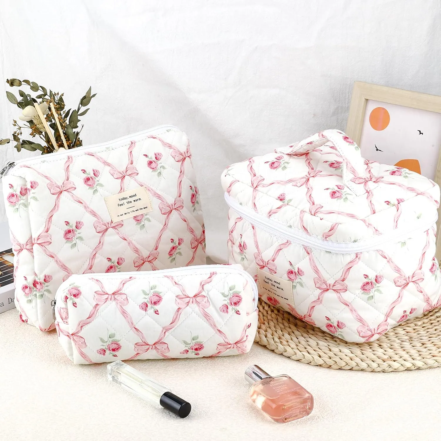 3Pcs Cotton Quilted Makeup Bag for Women Girls Large Small Travel Floral Cosmetic Bags Set Cute Coquette Pink Makeup Pouch for Purse Aesthetic Cloth Flower Storage Toiletry Bag Organizer
