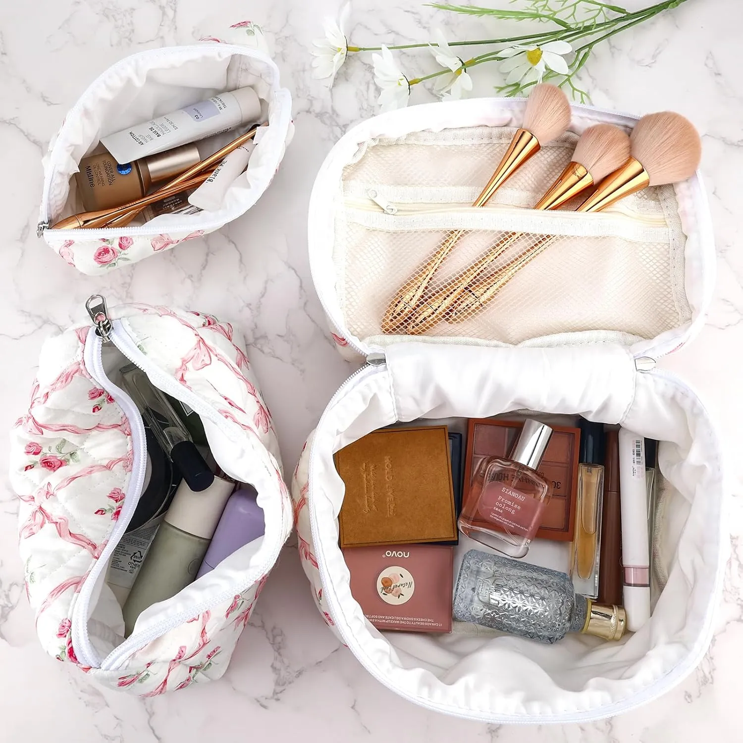 3Pcs Cotton Quilted Makeup Bag for Women Girls Large Small Travel Floral Cosmetic Bags Set Cute Coquette Pink Makeup Pouch for Purse Aesthetic Cloth Flower Storage Toiletry Bag Organizer