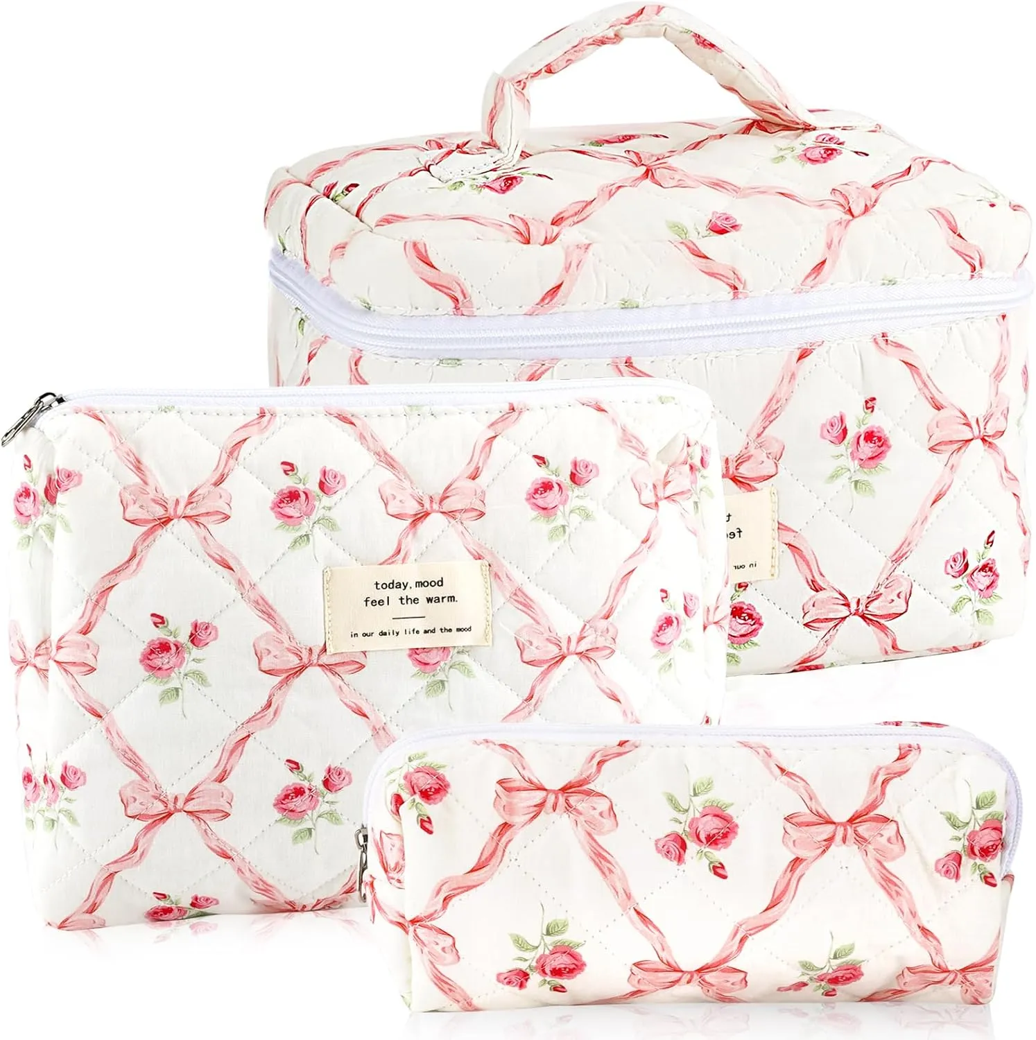 3Pcs Cotton Quilted Makeup Bag for Women Girls Large Small Travel Floral Cosmetic Bags Set Cute Coquette Pink Makeup Pouch for Purse Aesthetic Cloth Flower Storage Toiletry Bag Organizer