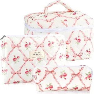 3Pcs Cotton Quilted Makeup Bag for Women Girls Large Small Travel Floral Cosmetic Bags Set Cute Coquette Pink Makeup Pouch for Purse Aesthetic Cloth Flower Storage Toiletry Bag Organizer