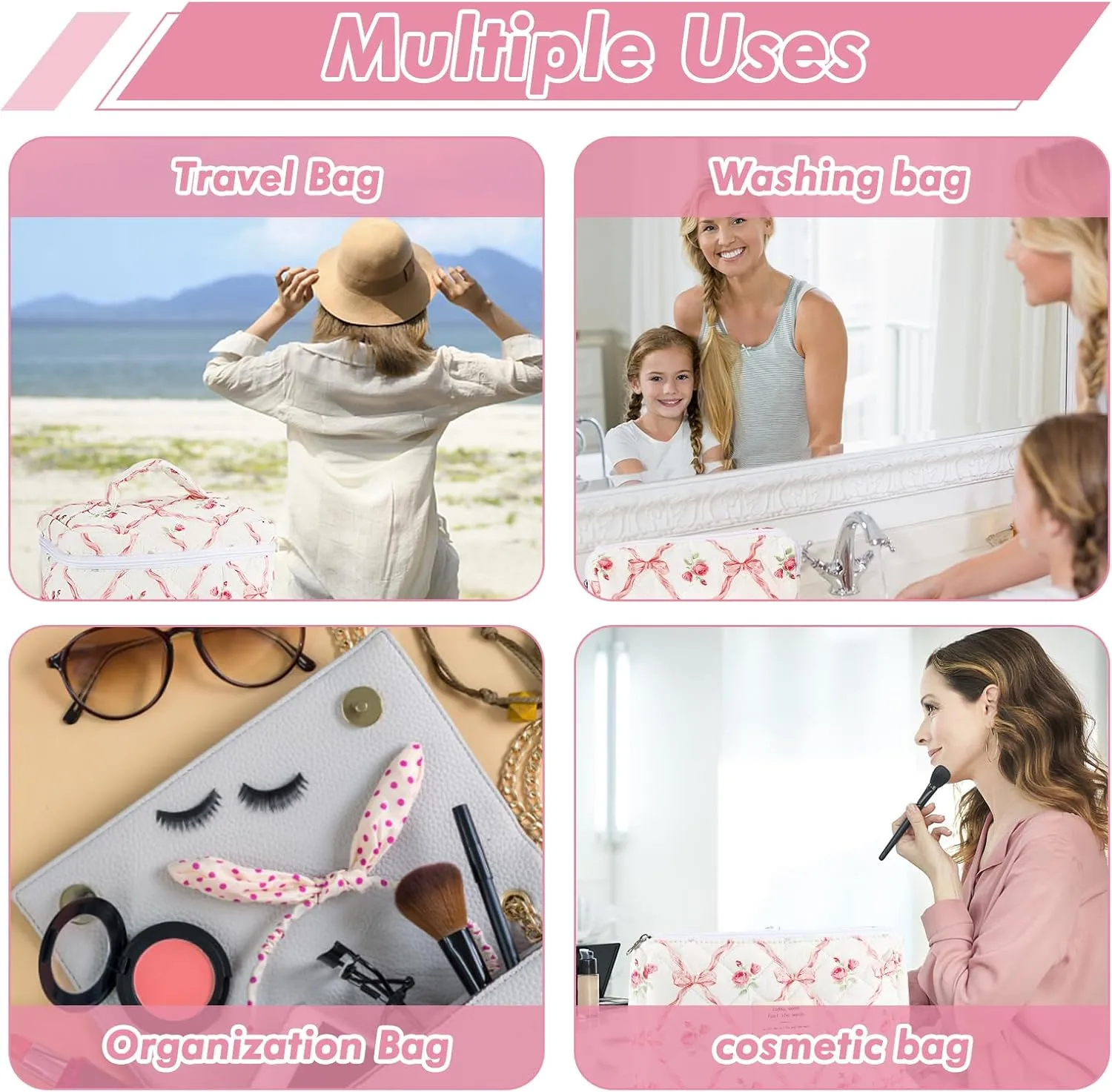 3Pcs Cotton Quilted Makeup Bag for Women Girls Large Small Travel Floral Cosmetic Bags Set Cute Coquette Pink Makeup Pouch for Purse Aesthetic Cloth Flower Storage Toiletry Bag Organizer