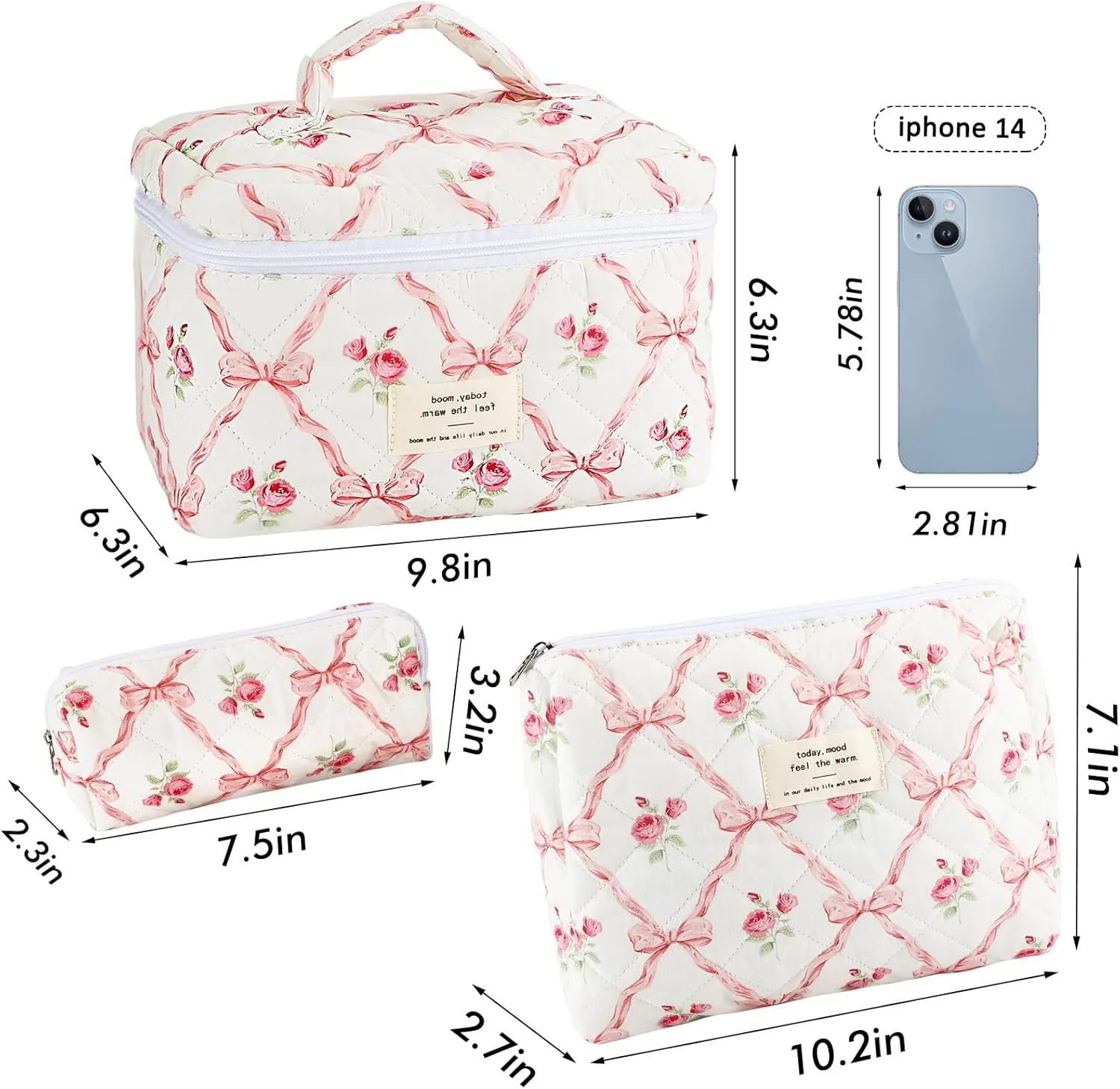 3Pcs Cotton Quilted Makeup Bag for Women Girls Large Small Travel Floral Cosmetic Bags Set Cute Coquette Pink Makeup Pouch for Purse Aesthetic Cloth Flower Storage Toiletry Bag Organizer