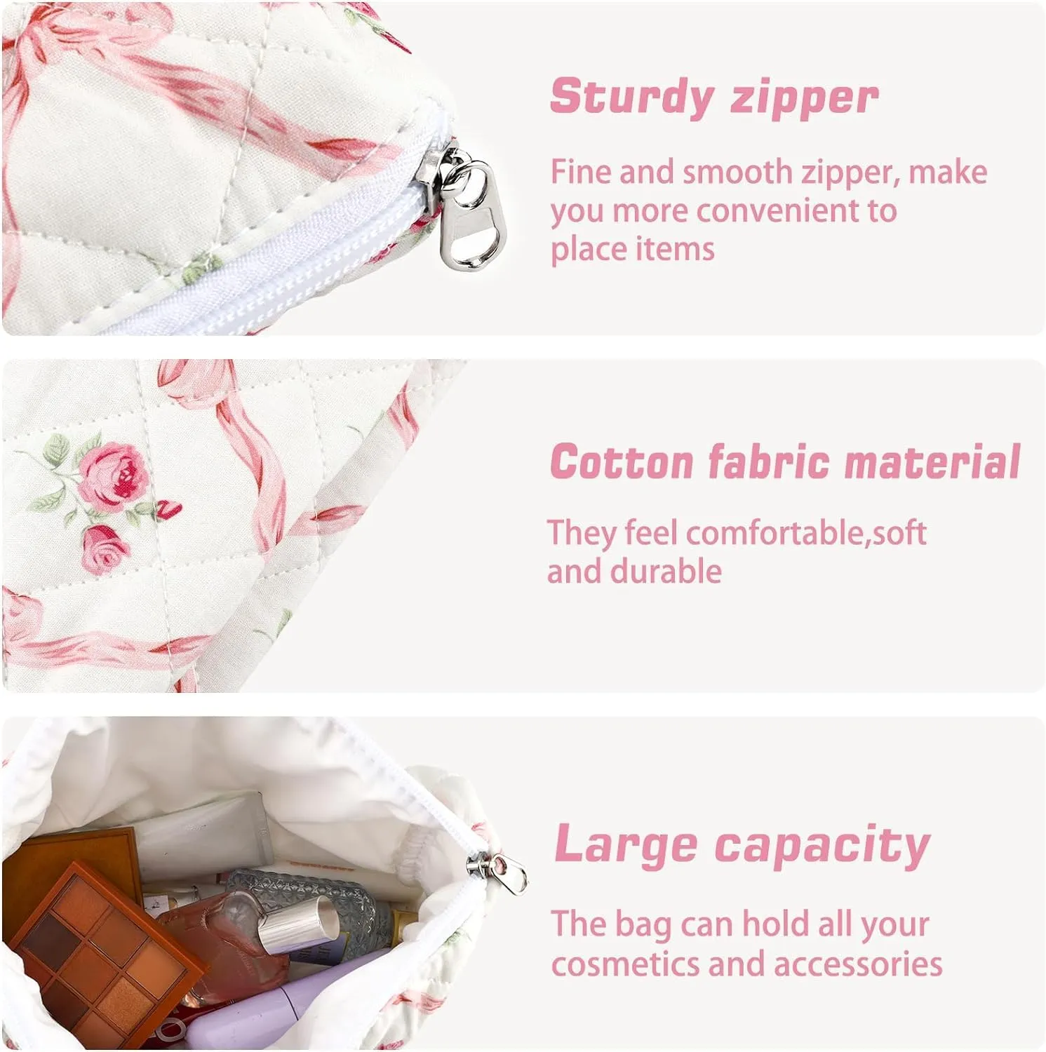 3Pcs Cotton Quilted Makeup Bag for Women Girls Large Small Travel Floral Cosmetic Bags Set Cute Coquette Pink Makeup Pouch for Purse Aesthetic Cloth Flower Storage Toiletry Bag Organizer