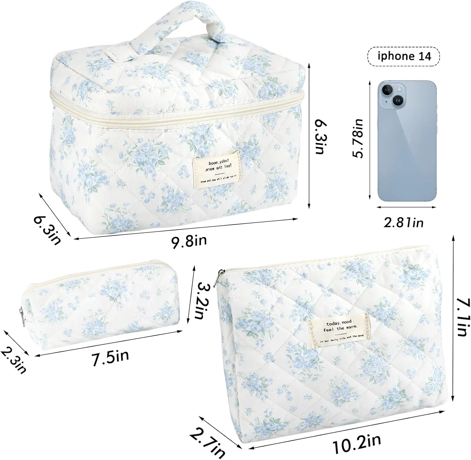 3Pcs Cotton Quilted Makeup Bag for Women Girls Large Small Travel Floral Cosmetic Bags Set Cute Coquette Zipper Makeup Pouch for Purse Aesthetic Cloth Flower Storage Toiletry Bag Organizer