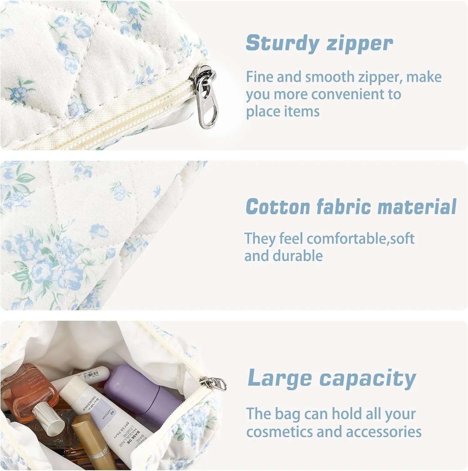 3Pcs Cotton Quilted Makeup Bag for Women Girls Large Small Travel Floral Cosmetic Bags Set Cute Coquette Zipper Makeup Pouch for Purse Aesthetic Cloth Flower Storage Toiletry Bag Organizer