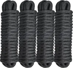 4 Pack 1/2" x 25’ Boat Dock Lines for Boat & Pontoon, Premium Marine- Grade Double Braided Nylon Dock Line, Pre-Spliced with a 12" Eyelet-Black,Boating Gifts for Men
