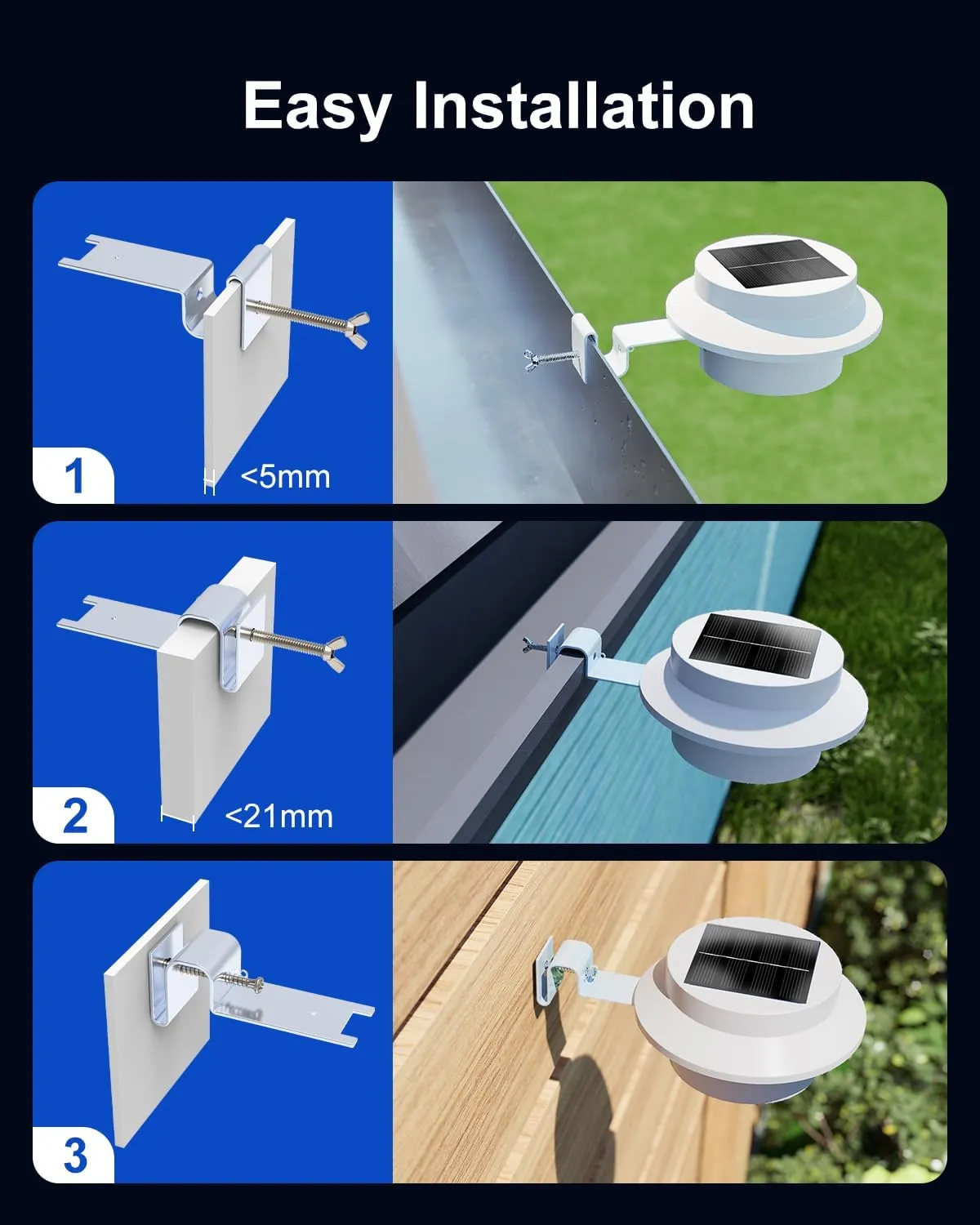 4 Pack White Solar Powered Gutter Lights Outdoor Decorative Waterproof Led Fence Lamp for Lighting Railing, Outside Wall, Deck, Garden, Path, Backyard, Sidewalk, Yard, Patio, No Drilling Installation