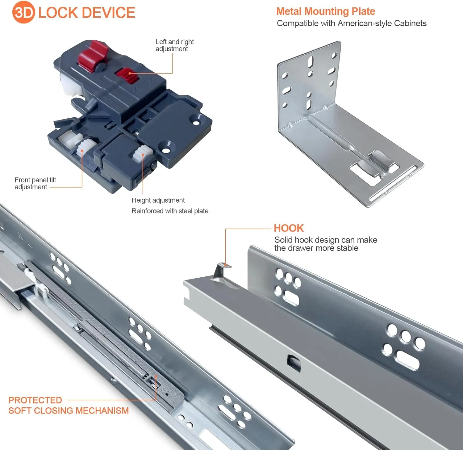 4 Pair 18 Inch Undermount Soft Close Drawer Slides Full Extension Concealed Bottom Mount Drawer Slides with 3D Adjustable Lock Device and Rear Mounting Brackets, 100 LB Capacity