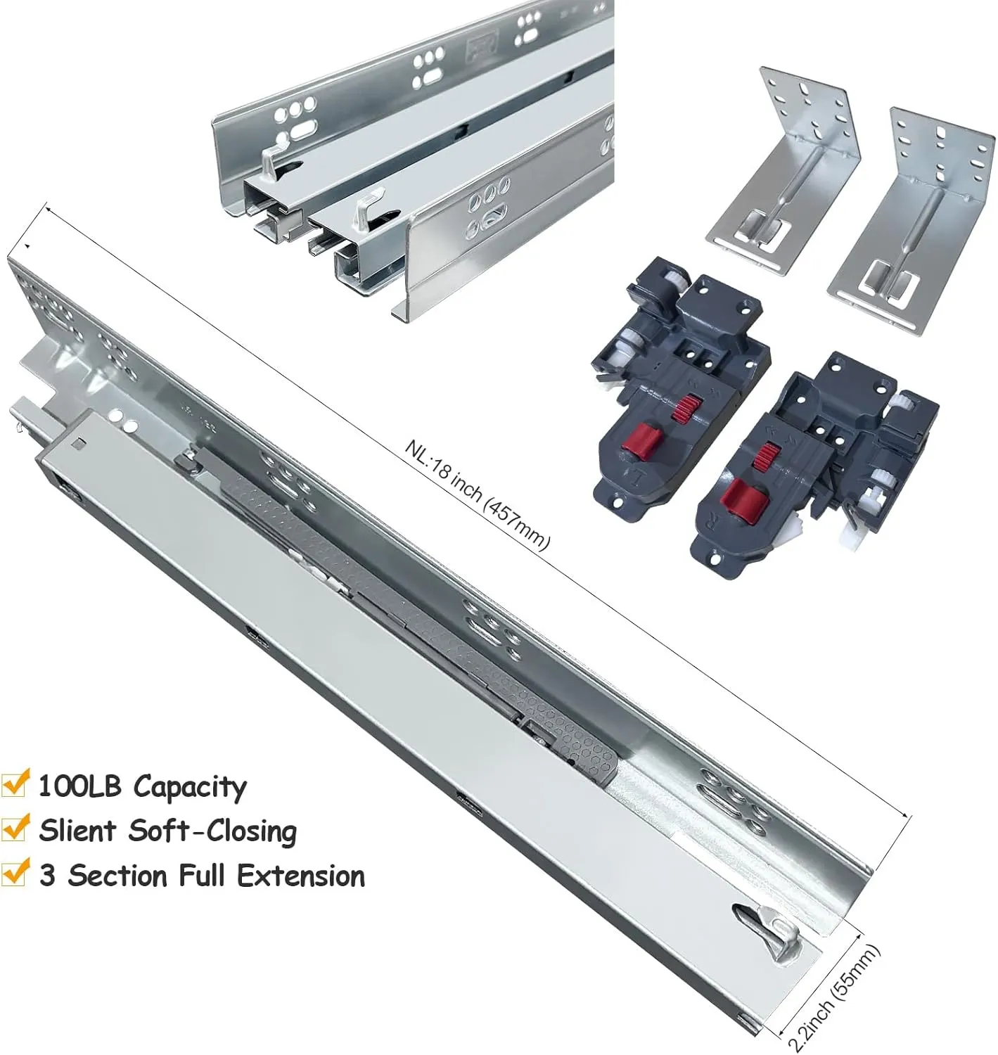 4 Pair 18 Inch Undermount Soft Close Drawer Slides Full Extension Concealed Bottom Mount Drawer Slides with 3D Adjustable Lock Device and Rear Mounting Brackets, 100 LB Capacity