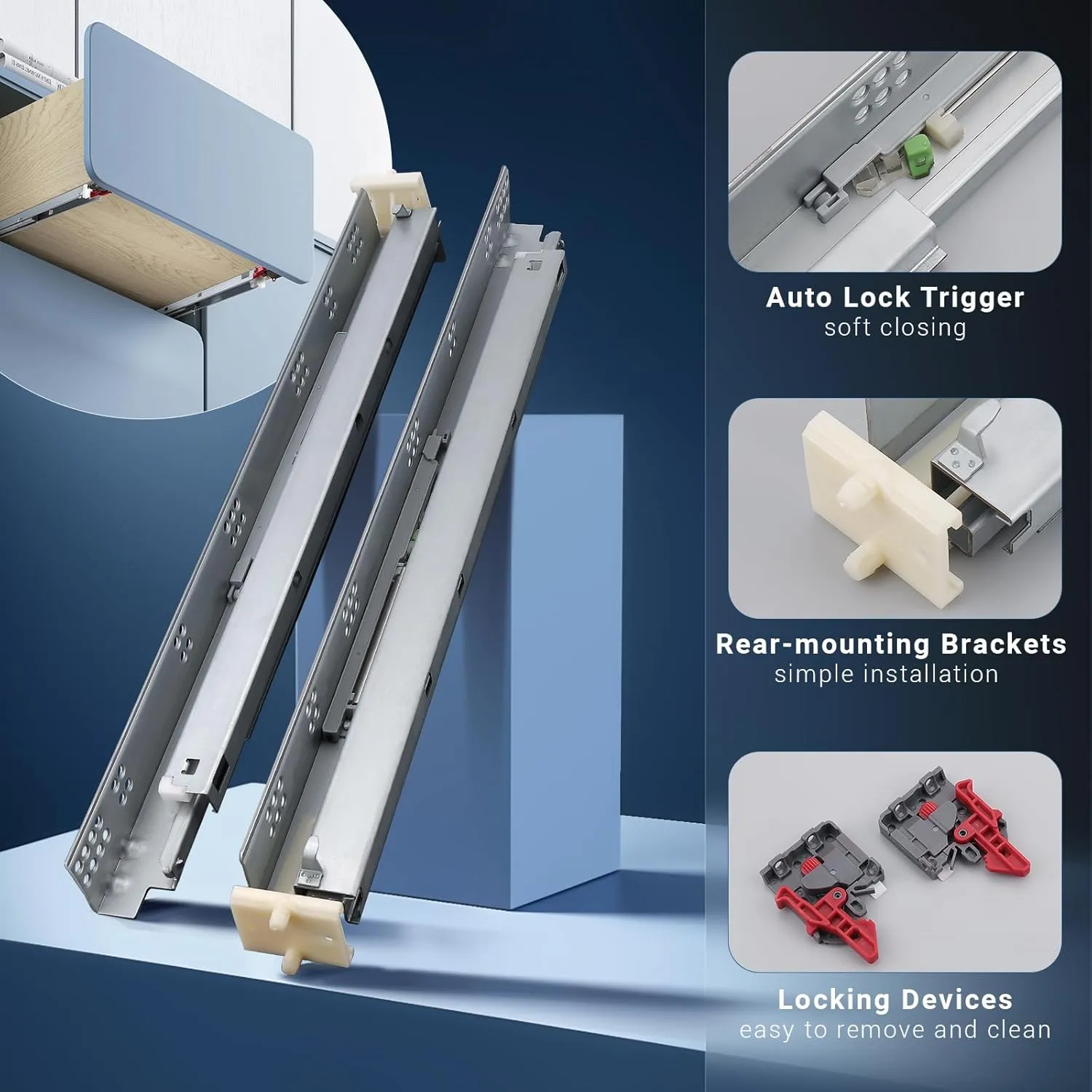 4 Pair Soft Close Undermount Drawer Slides 21 Inch Full Extension Under Mount Drawer Slides with 85 lb Capacity, Mounting Brackets and Screws Included