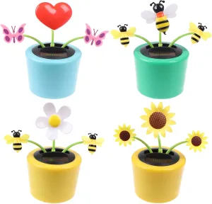 4 Solar Dancing Bee Toy Solar Powered Dancing Flower in Colorful Pots Swinging Heart Sun Flower Flip Flap Animated Bobblehead Dancer Window Rose Sun Catcher Car Dashboard Decor Portable Suncatchers
