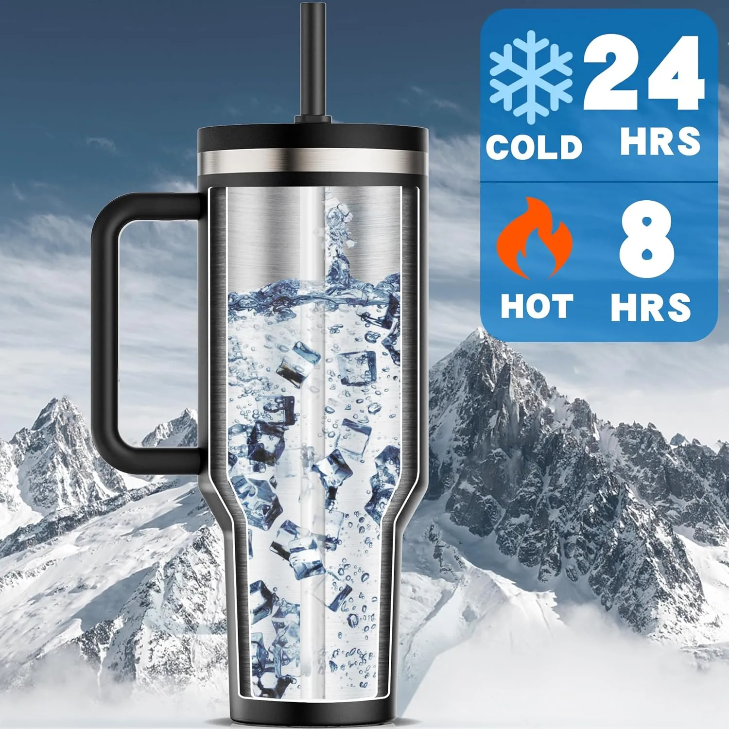 40 oz Tumbler with Handle and Flip Straw Lid - Upgraded Insulated Traveler Tumblers with Lids Straws Vacuum Leak Proof Stainless Steel 40oz Cup Mug Gifts for Men Women Him Her (Black)