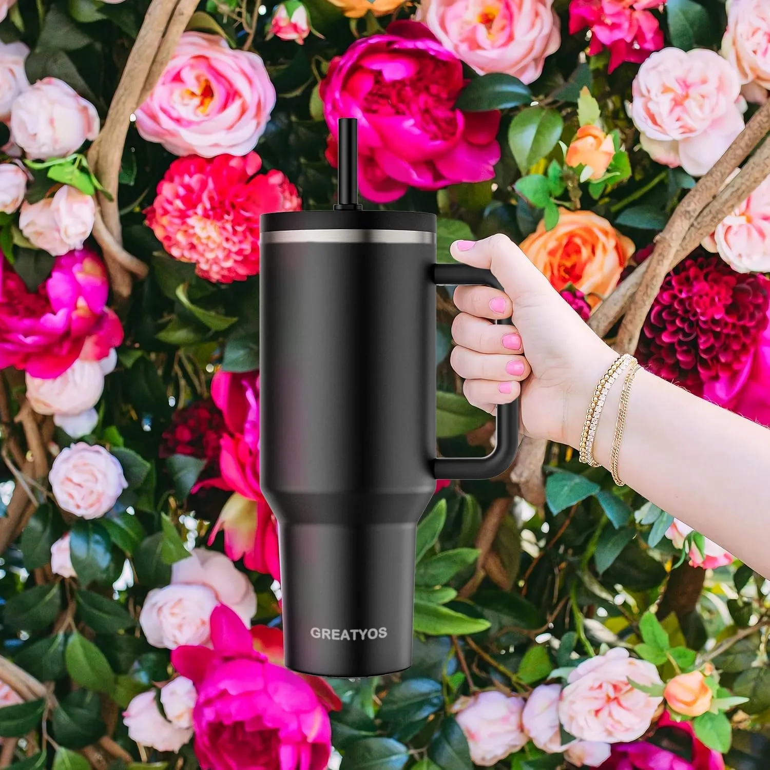 40 oz Tumbler with Handle and Flip Straw Lid - Upgraded Insulated Traveler Tumblers with Lids Straws Vacuum Leak Proof Stainless Steel 40oz Cup Mug Gifts for Men Women Him Her (Black)
