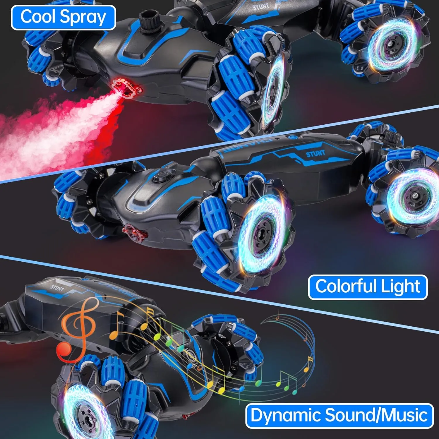 4WD Remote Control Gesture Sensor Car, Double-Sided Rotating 360° Flips Drift, with Lights Music, RC Stunt Twist Car Birthday Presents for 6-12 Kids (Blue)