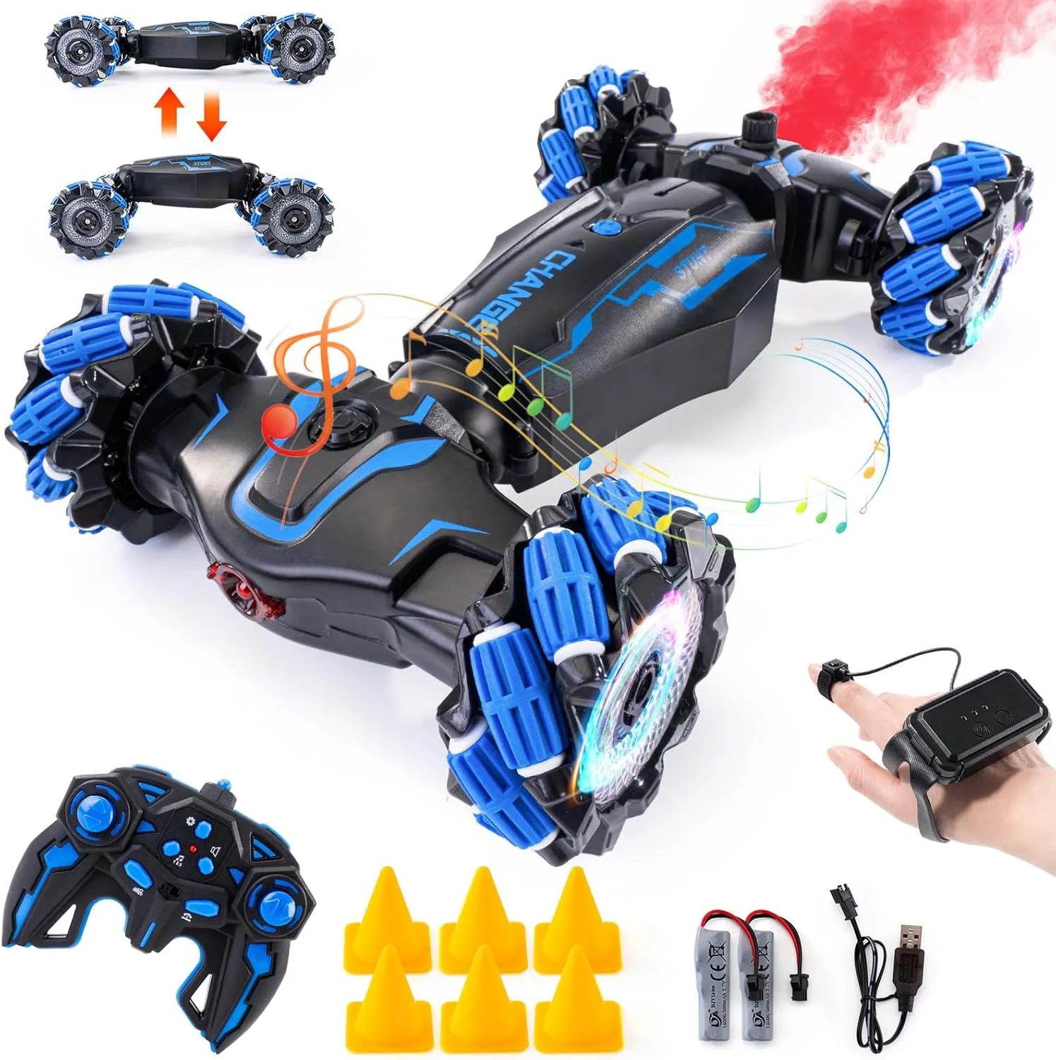 4WD Remote Control Gesture Sensor Car, Double-Sided Rotating 360° Flips Drift, with Lights Music, RC Stunt Twist Car Birthday Presents for 6-12 Kids (Blue)