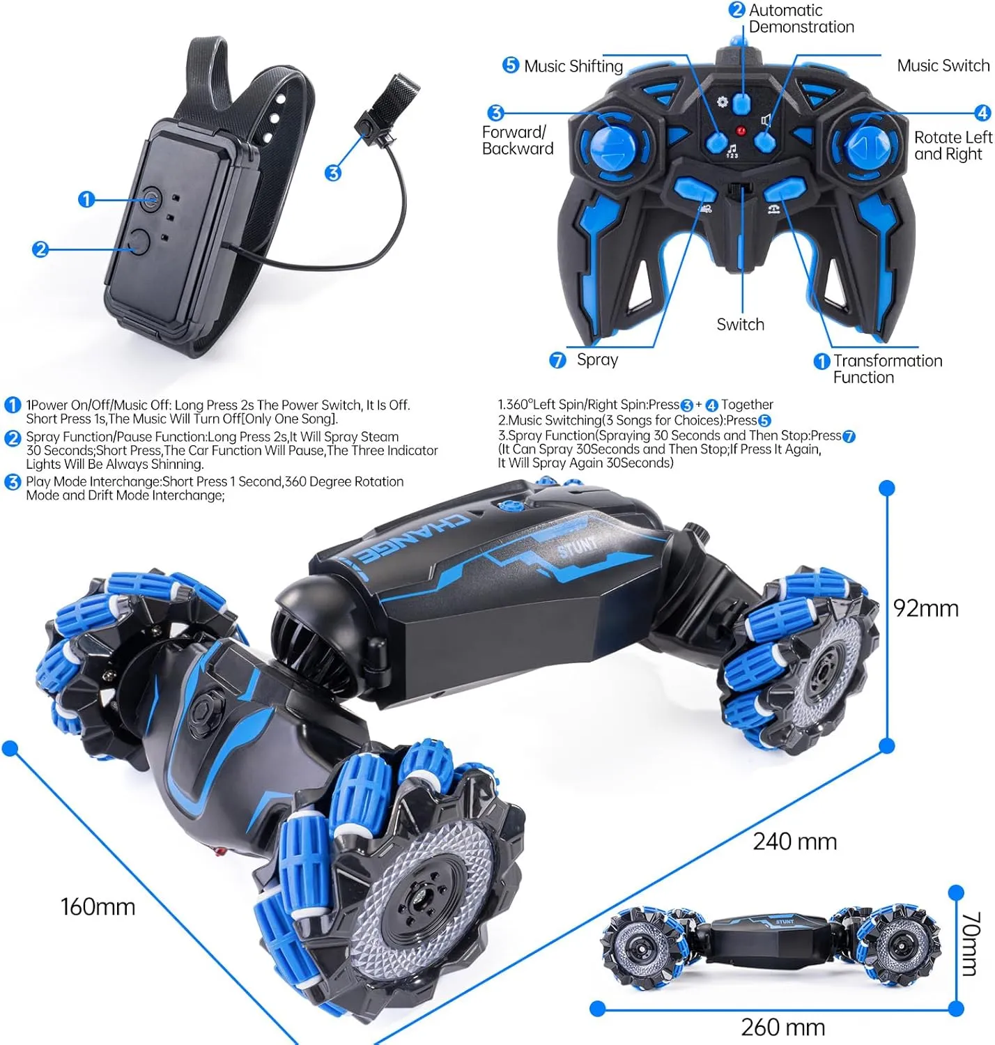 4WD Remote Control Gesture Sensor Car, Double-Sided Rotating 360° Flips Drift, with Lights Music, RC Stunt Twist Car Birthday Presents for 6-12 Kids (Blue)
