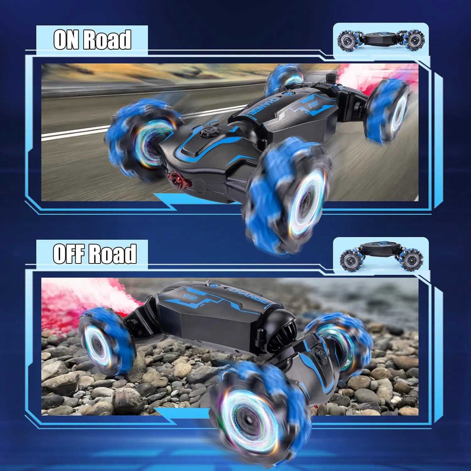 4WD Remote Control Gesture Sensor Car, Double-Sided Rotating 360° Flips Drift, with Lights Music, RC Stunt Twist Car Birthday Presents for 6-12 Kids (Blue)