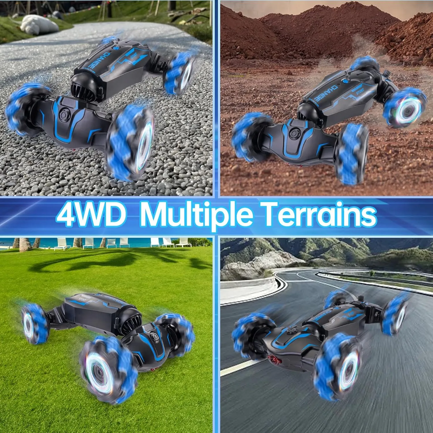 4WD Remote Control Gesture Sensor Car, Double-Sided Rotating 360° Flips Drift, with Lights Music, RC Stunt Twist Car Birthday Presents for 6-12 Kids (Blue)
