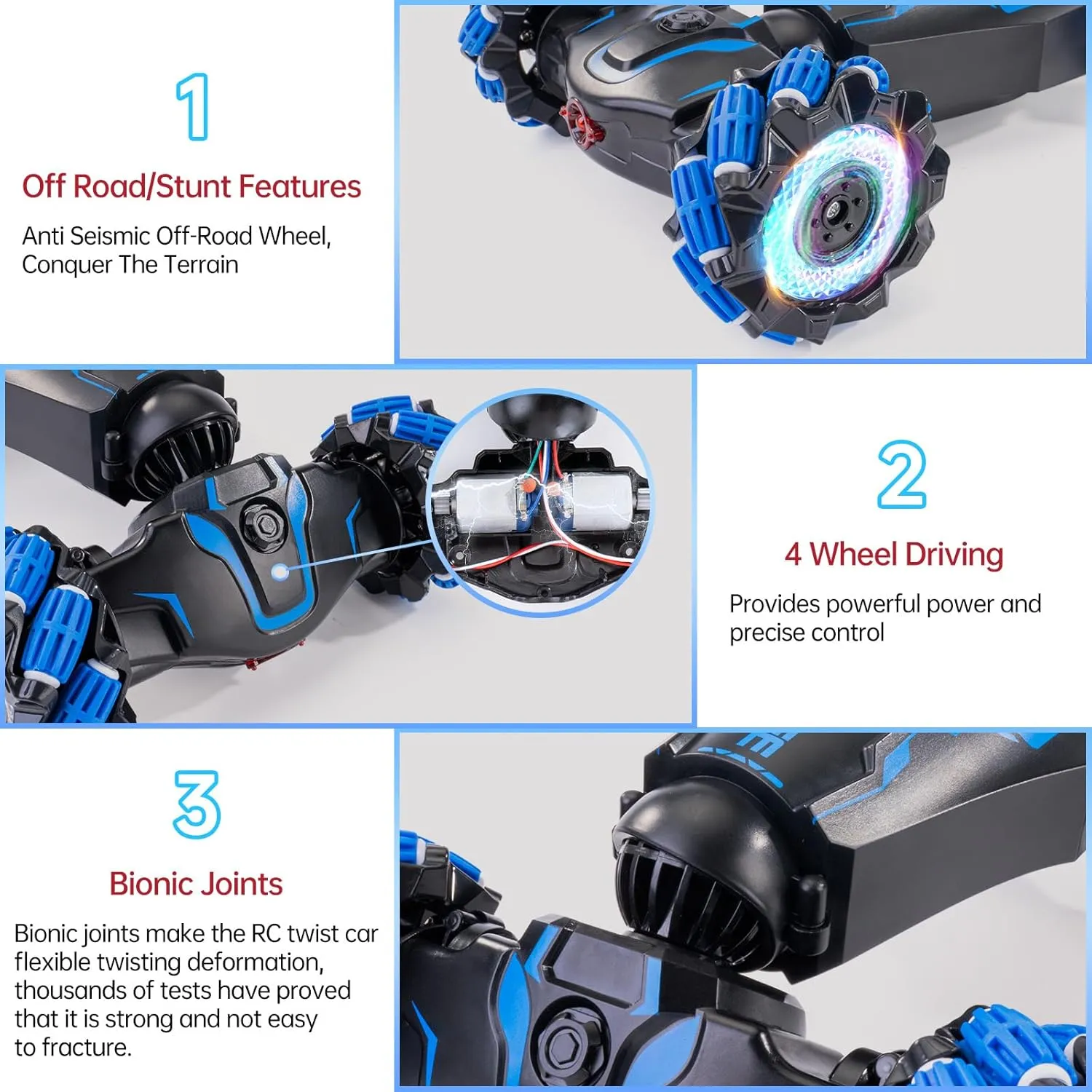 4WD Remote Control Gesture Sensor Car, Double-Sided Rotating 360° Flips Drift, with Lights Music, RC Stunt Twist Car Birthday Presents for 6-12 Kids (Blue)