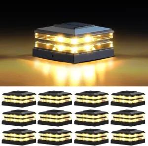 4x4 Solar Post Cap Lights, 12 Pack Fence Deck Post Lights Outdoor Solar Powered Waterproof with High Brightness LEDs Two Light Modes Decor for Garden Patio (Classic Black, 12)