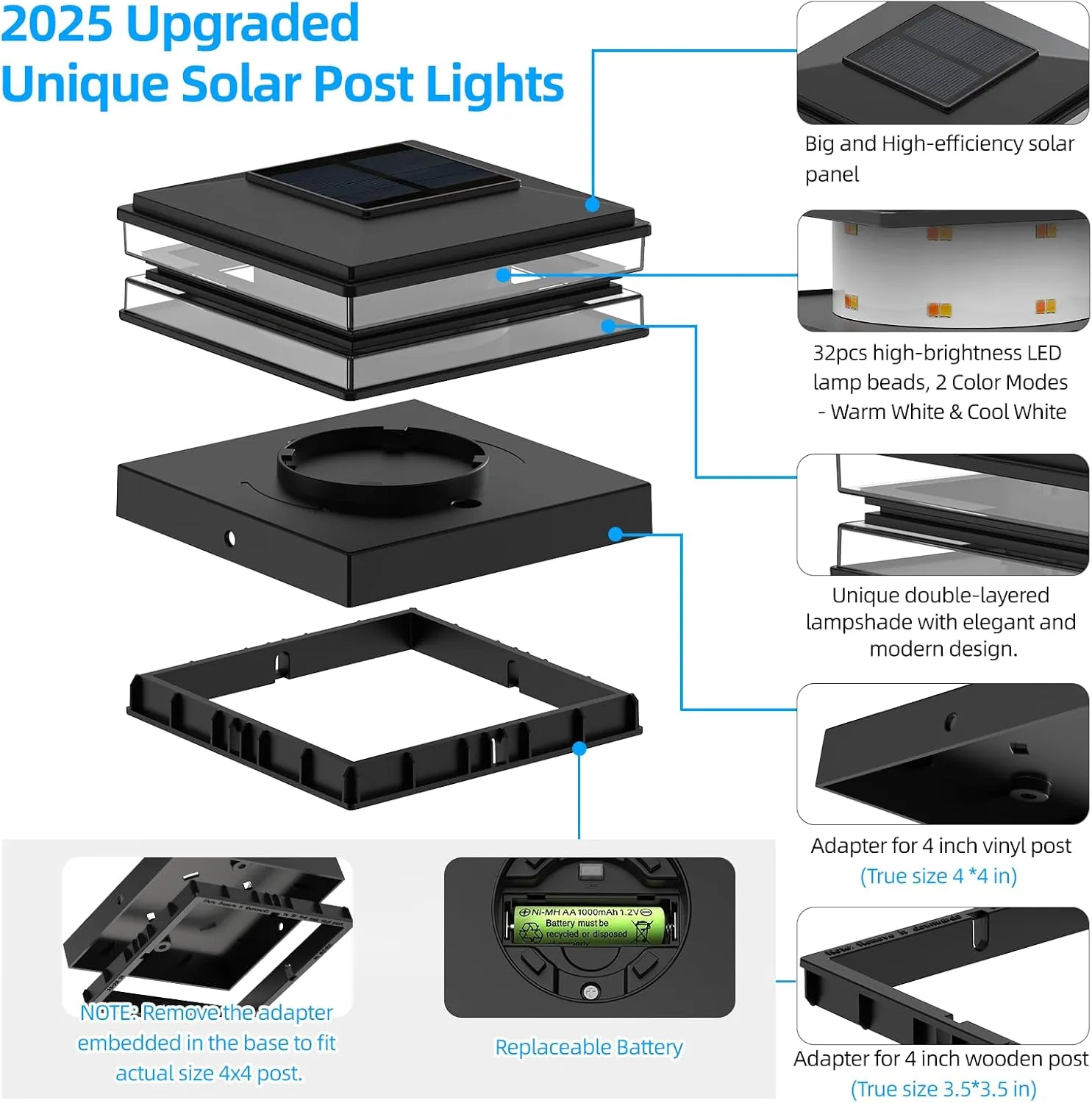 4x4 Solar Post Cap Lights, 12 Pack Fence Deck Post Lights Outdoor Solar Powered Waterproof with High Brightness LEDs Two Light Modes Decor for Garden Patio (Classic Black, 12)