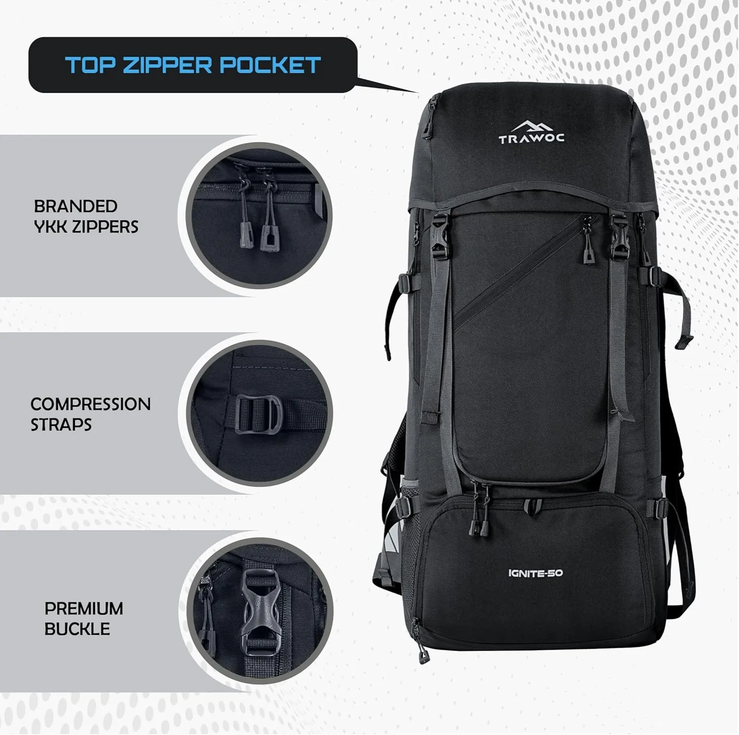 50L Travel Bag Front & Top Open Backpack for Hiking Trekking Camping, Rucksack with Rain Cover and Shoe Compartment SHK020 - Metal Black