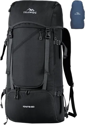 50L Travel Bag Front & Top Open Backpack for Hiking Trekking Camping, Rucksack with Rain Cover and Shoe Compartment SHK020 - Metal Black