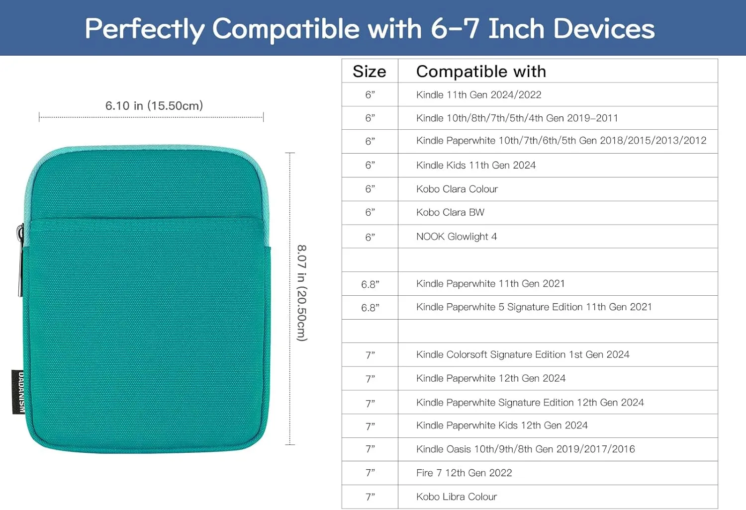 6-7 Inch Padded Sleeve for 7" Kindle Colorsoft Signature Edition and All-New Kindle Paperwhite, Protective Sleeve Pouch Bag Carrying Case for 6" Kindle/Kindle Oasis/Kobo E-Reader, Jade Green