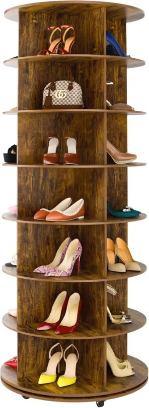 7-Tier Rotating Shoe Rack Tower 360 with Wheels, 66.9in Spinning Shoe Rack, Revolving Shoe Rack, Shoe Carousel Closet Organizer, Free Standing Shoe Rack for Entryway Living Room Hallway Brown