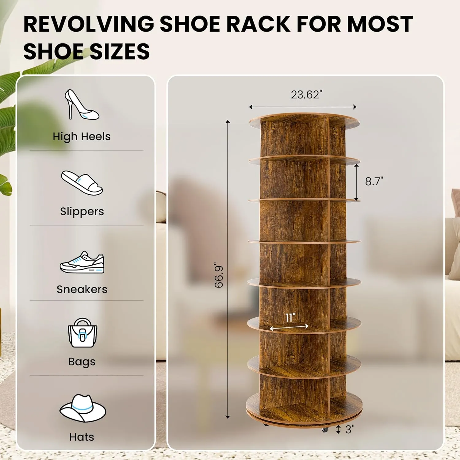 7-Tier Rotating Shoe Rack Tower 360 with Wheels, 66.9in Spinning Shoe Rack, Revolving Shoe Rack, Shoe Carousel Closet Organizer, Free Standing Shoe Rack for Entryway Living Room Hallway Brown