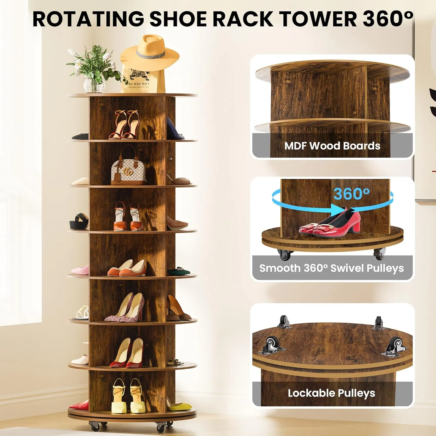 7-Tier Rotating Shoe Rack Tower 360 with Wheels, 66.9in Spinning Shoe Rack, Revolving Shoe Rack, Shoe Carousel Closet Organizer, Free Standing Shoe Rack for Entryway Living Room Hallway Brown