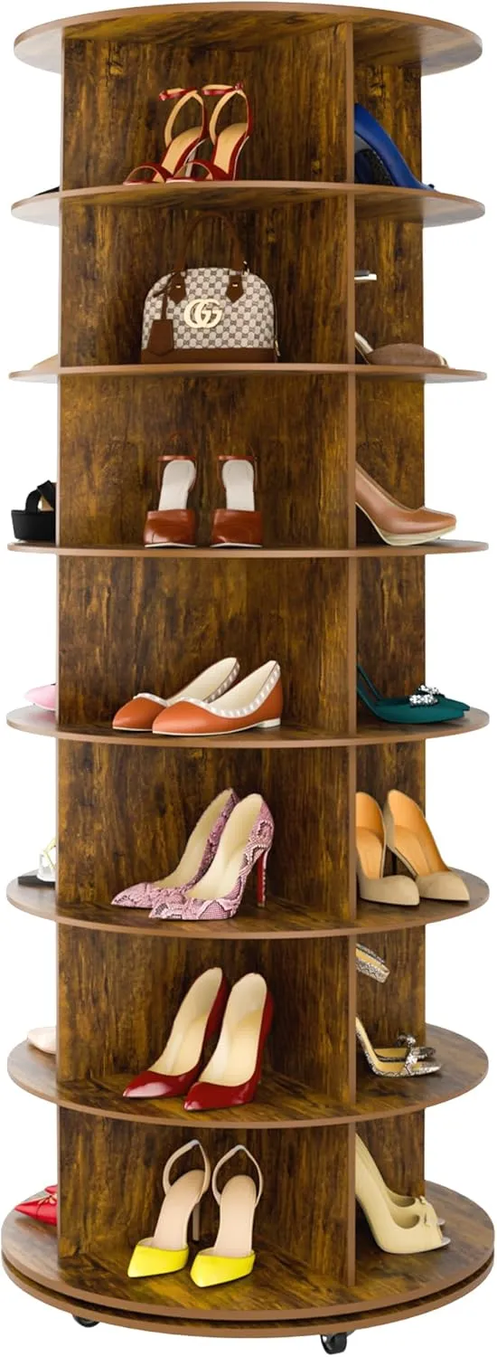 7-Tier Rotating Shoe Rack Tower 360 with Wheels, 66.9in Spinning Shoe Rack, Revolving Shoe Rack, Shoe Carousel Closet Organizer, Free Standing Shoe Rack for Entryway Living Room Hallway Brown