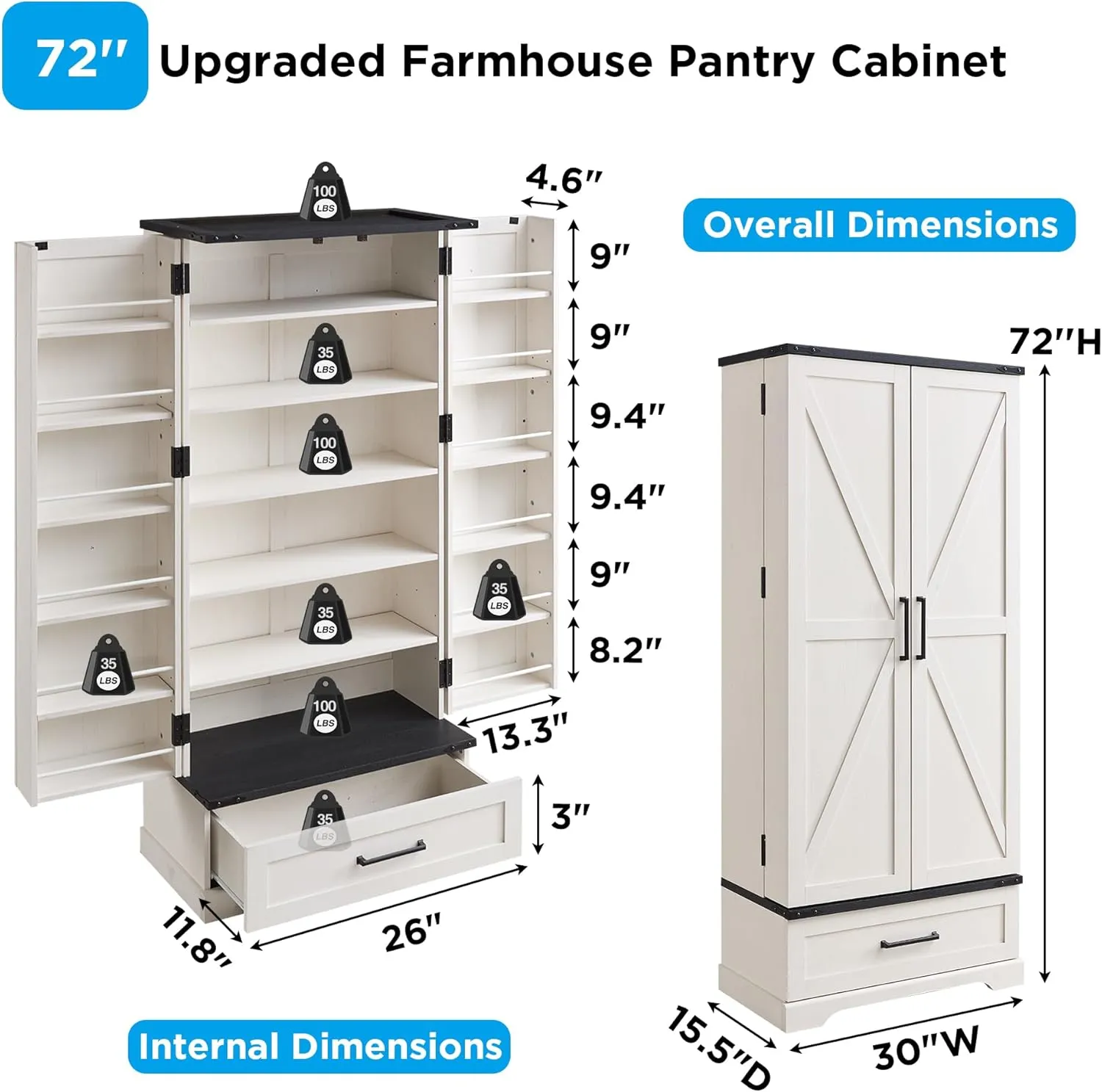 72" Farmhouse Kitchen Pantry Cabinet with Drawer, Tall Storage Cabinet with 2 Barn Doors and Shelves, Versatile Large Rustic Cupboard for Dining Room, Bathroom, Living Room, Laudry, White