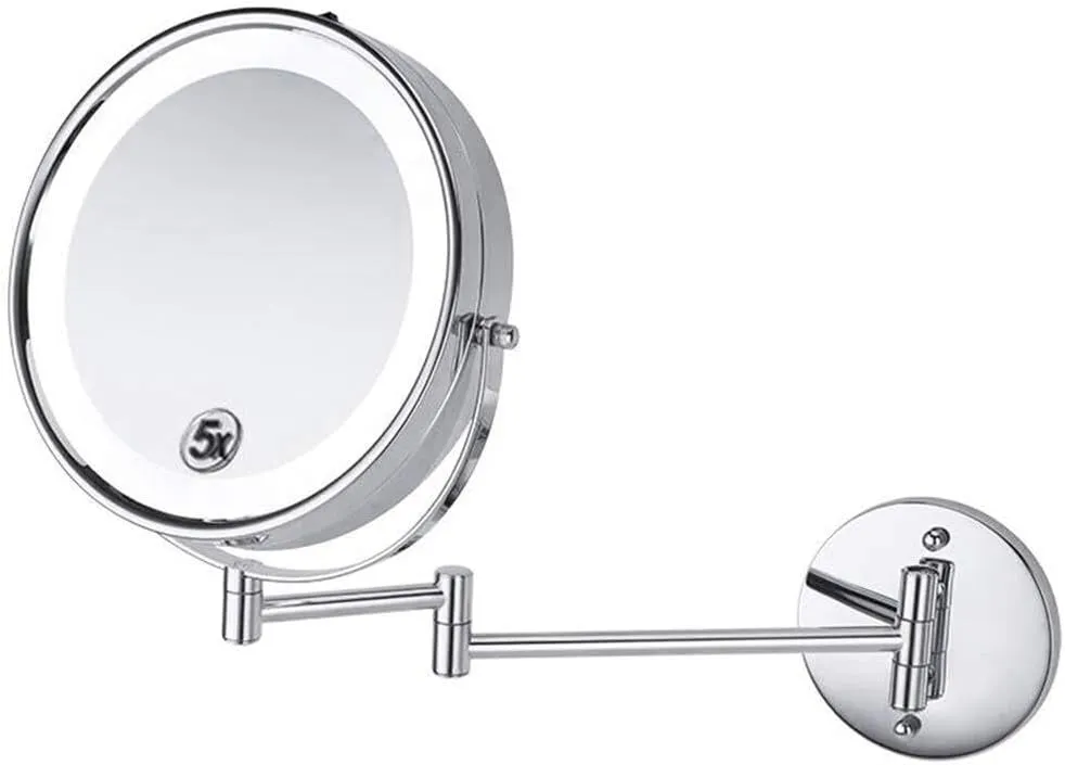 8-Inch Lighted Wall Mounted Makeup Mirror, 1X/5X Magnification, Double-Sided, Plug Powered, Extendable Arm