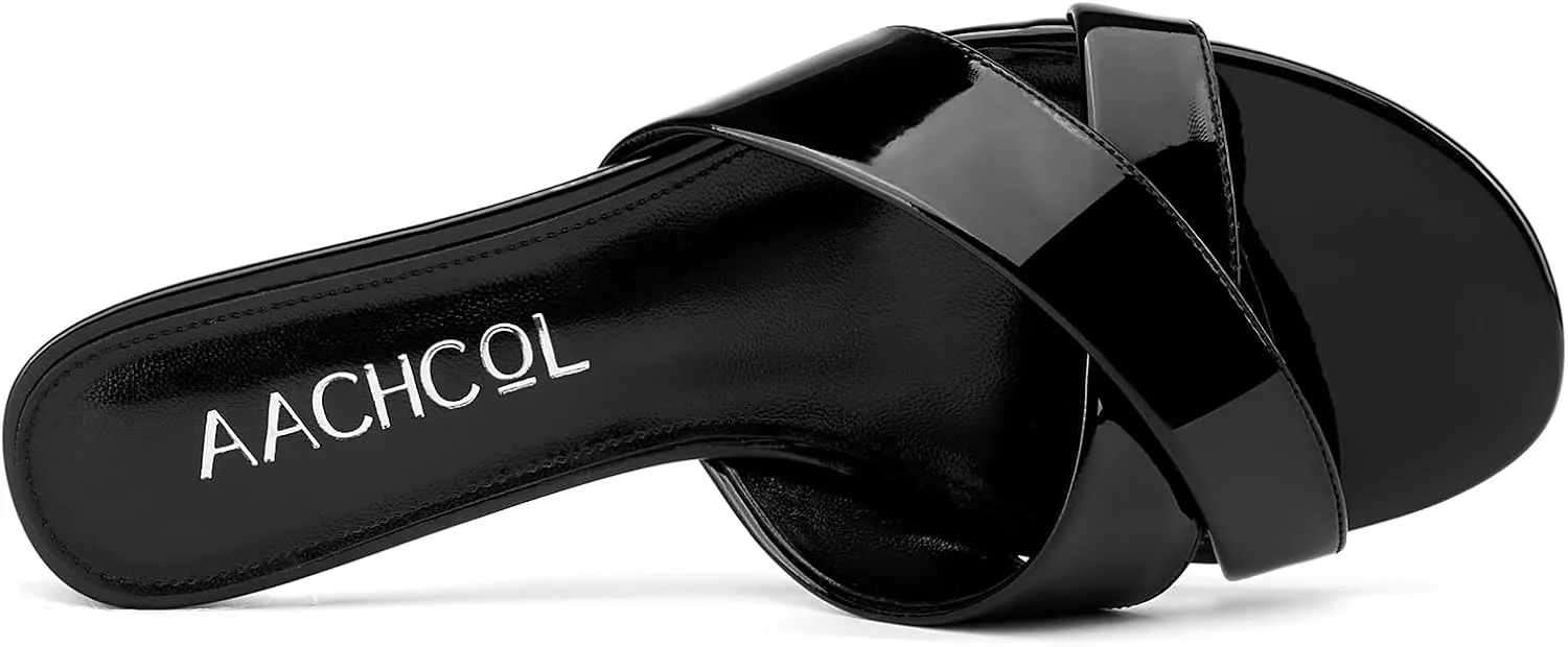 Aachcol Open Toe Low Heel Mules Cross-Strap Backless Slip-on Kitten Heel Sandals Comfortable Summer Dress Shoes 1.4 Inches Heels