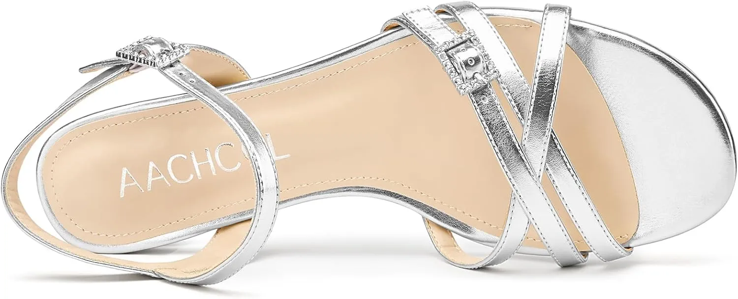 Aachcol Womens Open Toe Kitten Heel Sandals Ankle Strap Buckle Prom Wedding Slingback Low Heel Dress Shoes 1.4 Inches Heels