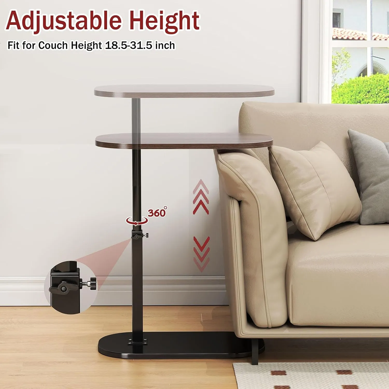 Adjustable Height C Shaped End Table,360°Swivel Side Table for Couch, Couch Tables That Slide Under,Tv Dinner Tray,Portable Table for Living Room,Bedroom/Bathroom,Black