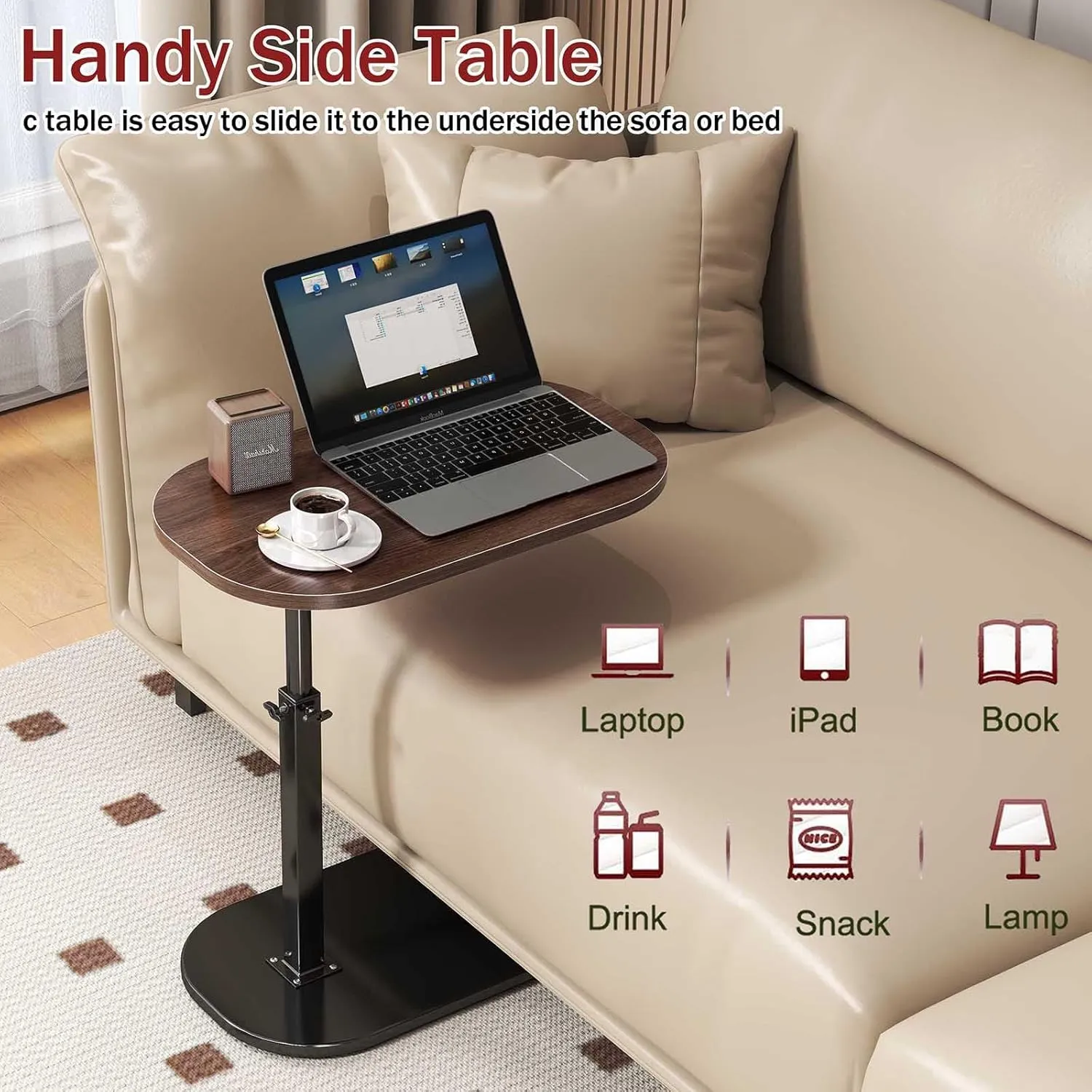 Adjustable Height C Shaped End Table,360°Swivel Side Table for Couch, Couch Tables That Slide Under,Tv Dinner Tray,Portable Table for Living Room,Bedroom/Bathroom,Black