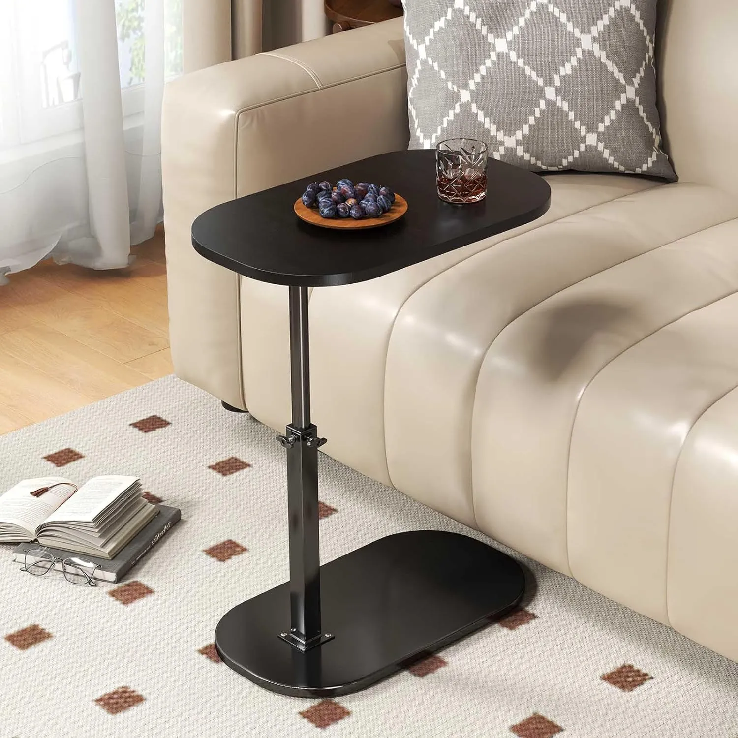Adjustable Height C Shaped End Table,360°Swivel Side Table for Couch, Couch Tables That Slide Under,Tv Dinner Tray,Portable Table for Living Room,Bedroom/Bathroom,Black