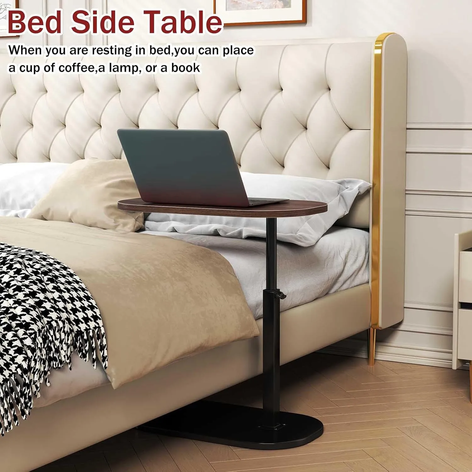 Adjustable Height C Shaped End Table,360°Swivel Side Table for Couch, Couch Tables That Slide Under,Tv Dinner Tray,Portable Table for Living Room,Bedroom/Bathroom,Black