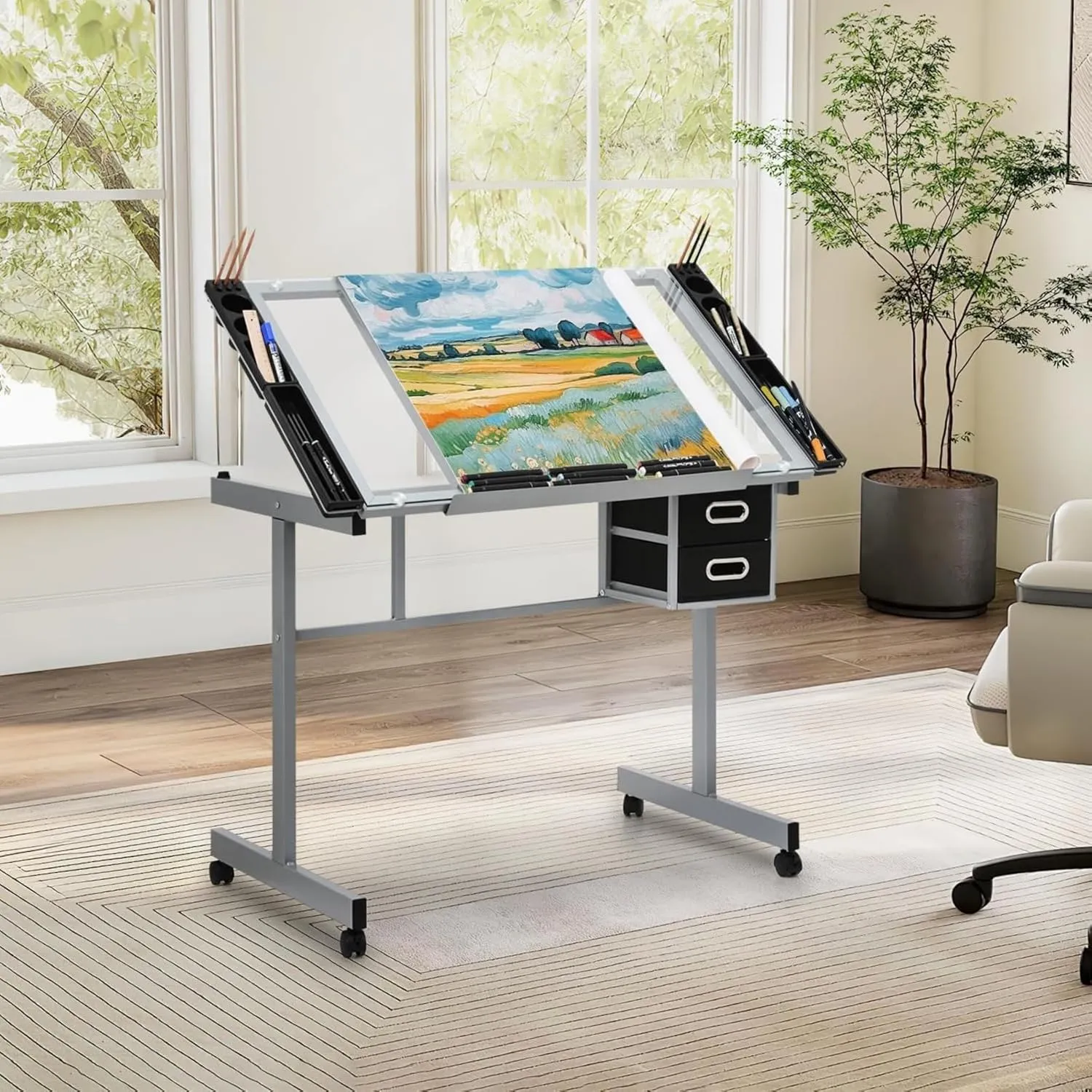 Adjustable Tilting Board Art Drawing Desk Craft Station Tempered Glass Drafting Printing Table Desk with 2 Non-Woven Fabric Slide Drawers and 4 Wheels for Home Office School