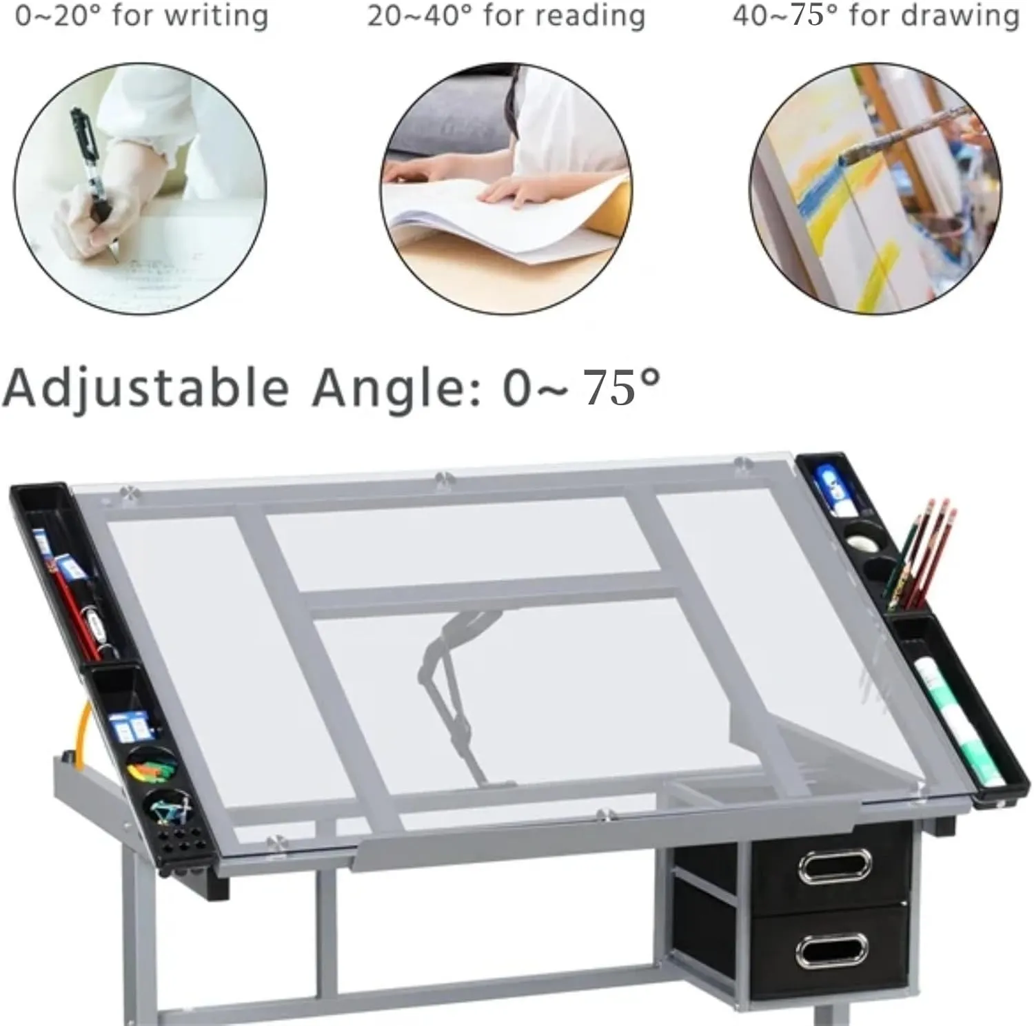 Adjustable Tilting Board Art Drawing Desk Craft Station Tempered Glass Drafting Printing Table Desk with 2 Non-Woven Fabric Slide Drawers and 4 Wheels for Home Office School