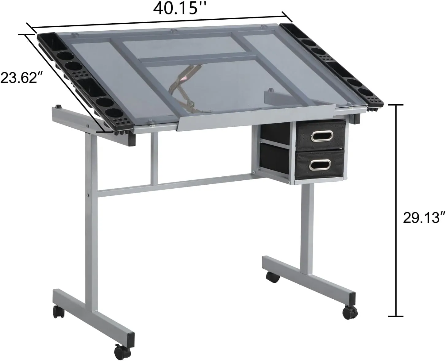 Adjustable Tilting Board Art Drawing Desk Craft Station Tempered Glass Drafting Printing Table Desk with 2 Non-Woven Fabric Slide Drawers and 4 Wheels for Home Office School