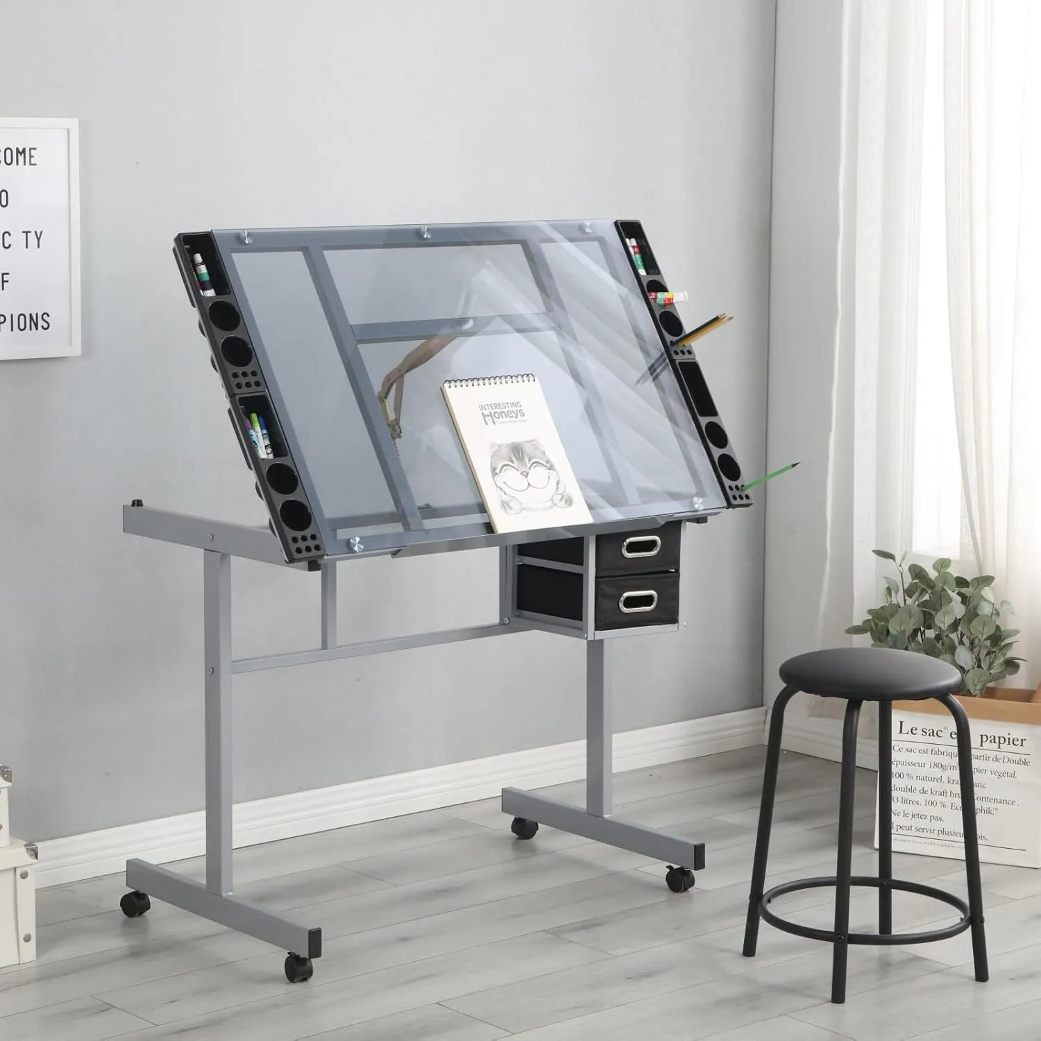 Adjustable Tilting Board Art Drawing Desk Craft Station Tempered Glass Drafting Printing Table Desk with 2 Non-Woven Fabric Slide Drawers and 4 Wheels for Home Office School